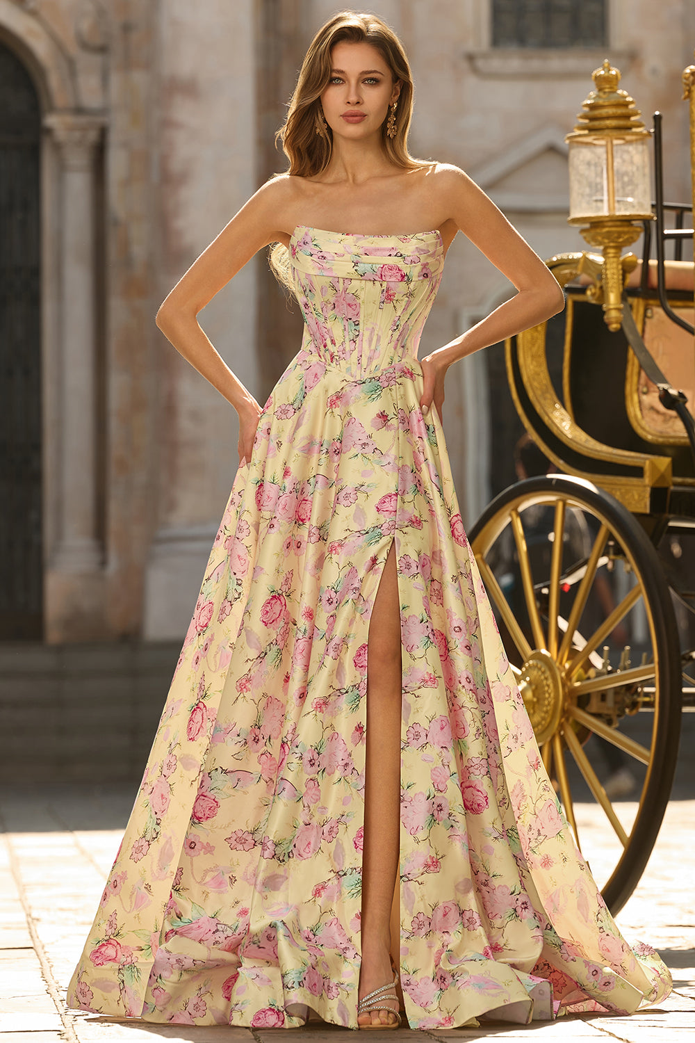Yellow Pink Floral Strapless Corset A Line Prom Dress - Image 5