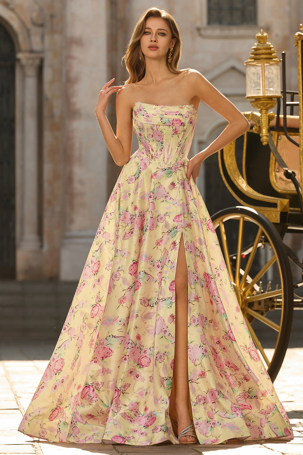 Yellow Pink Floral Strapless Corset A Line Prom Dress - Image 6