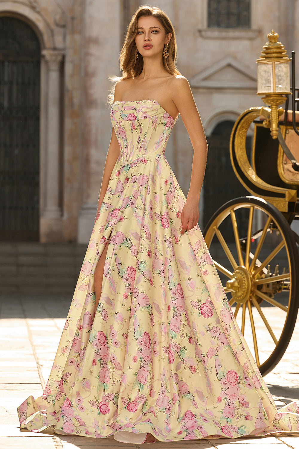 Yellow Pink Floral Strapless Corset A Line Prom Dress - Image 3