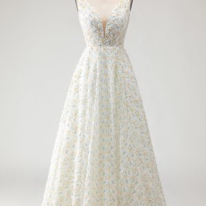 White Yellow Flower A-Line V-Neck Maxi Prom Dress