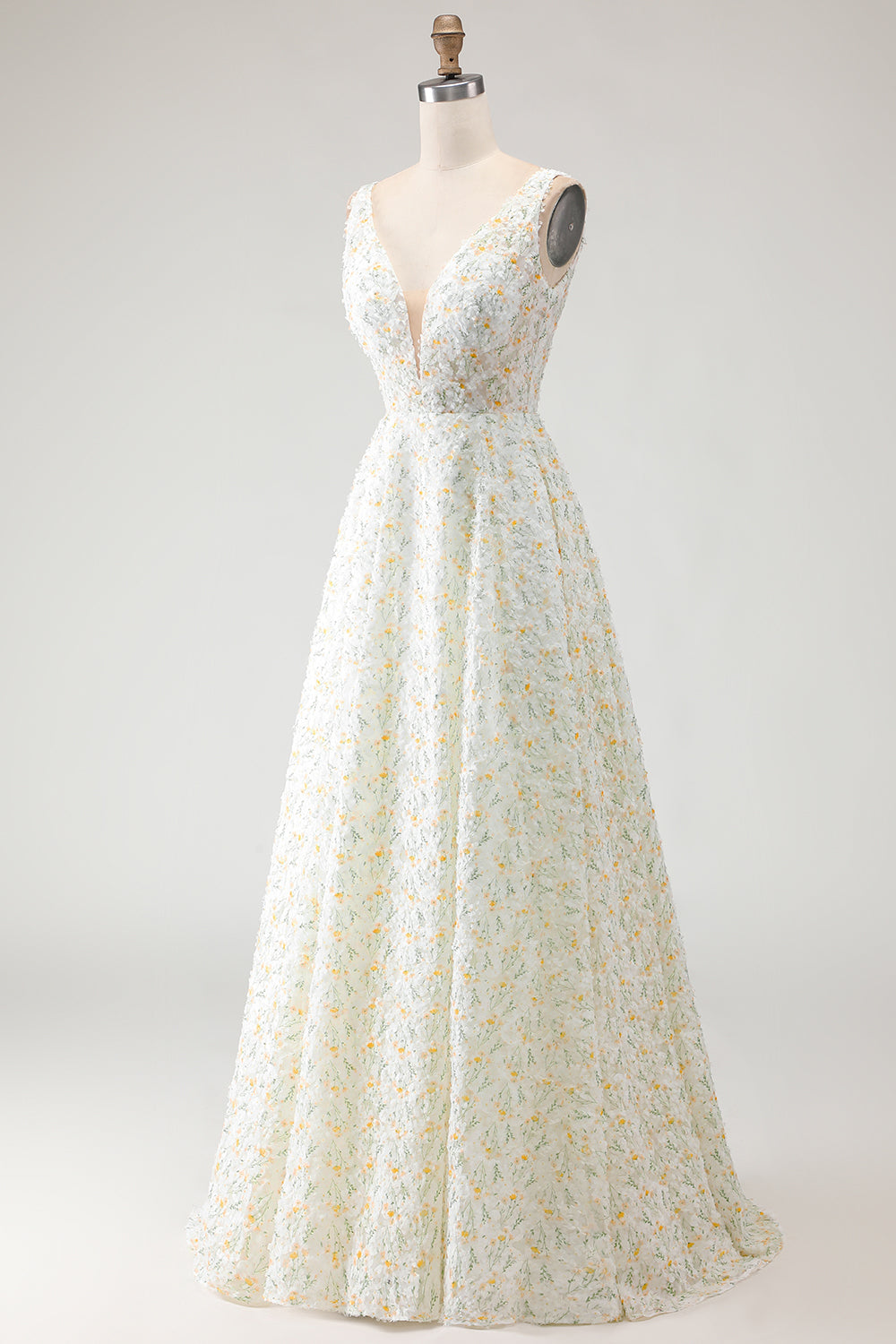White Yellow Flower A-Line V-Neck Maxi Prom Dress - Image 3
