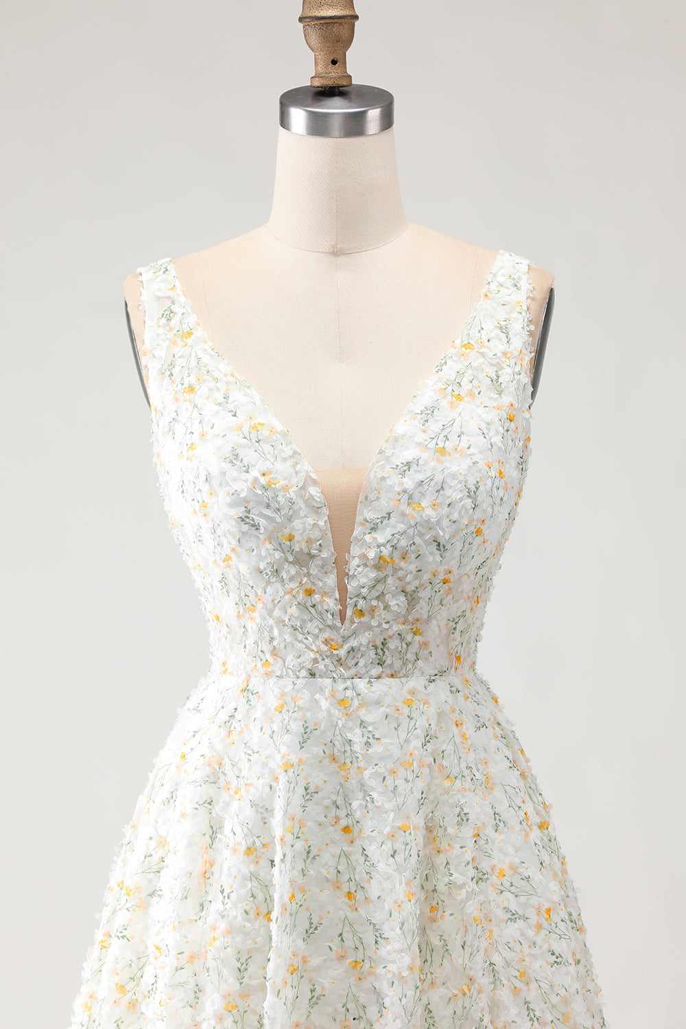 White Yellow Flower A-Line V-Neck Maxi Prom Dress - Image 4