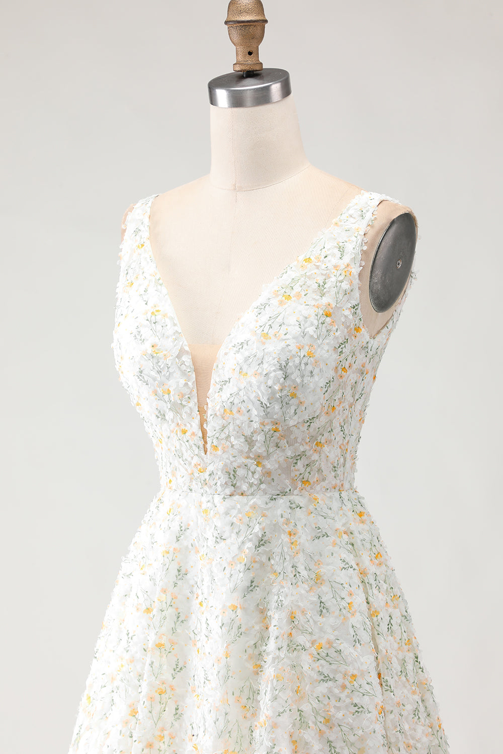 White Yellow Flower A-Line V-Neck Maxi Prom Dress - Image 6