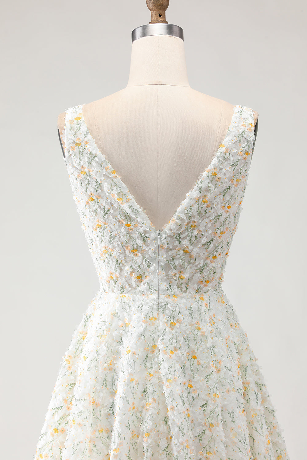 White Yellow Flower A-Line V-Neck Maxi Prom Dress - Image 5