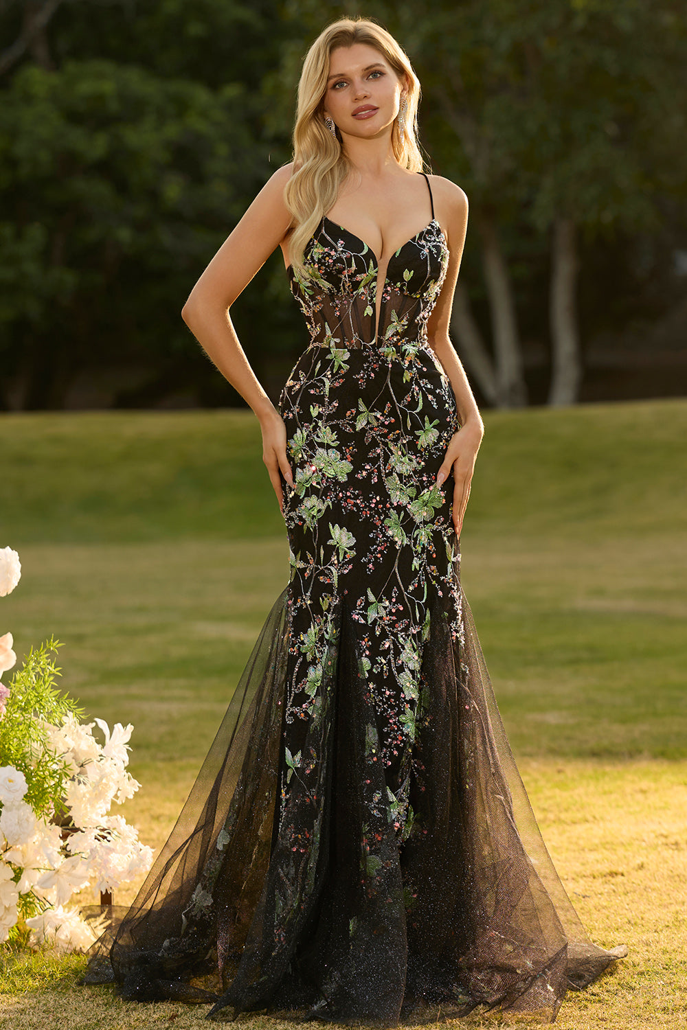 Yellow Floral Mermaid Corset Maxi Prom Dress - Image 13