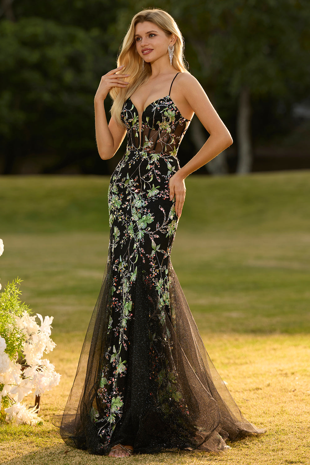 Yellow Floral Mermaid Corset Maxi Prom Dress - Image 15