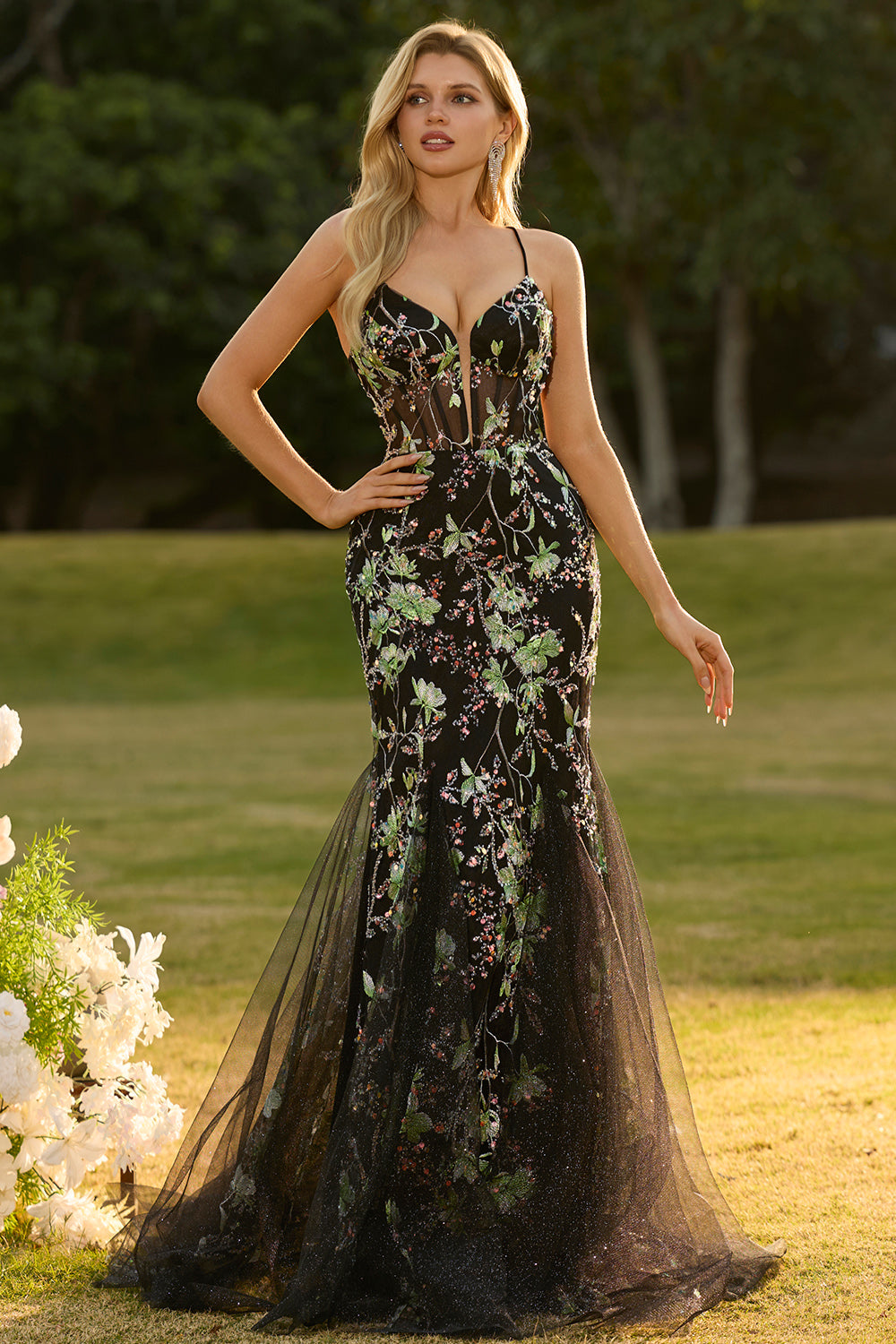 Yellow Floral Mermaid Corset Maxi Prom Dress - Image 17