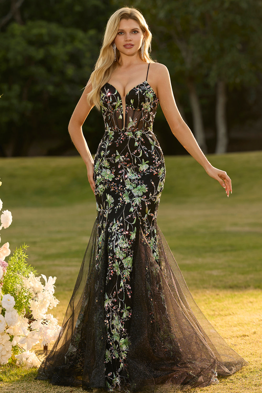 Yellow Floral Mermaid Corset Maxi Prom Dress - Image 18