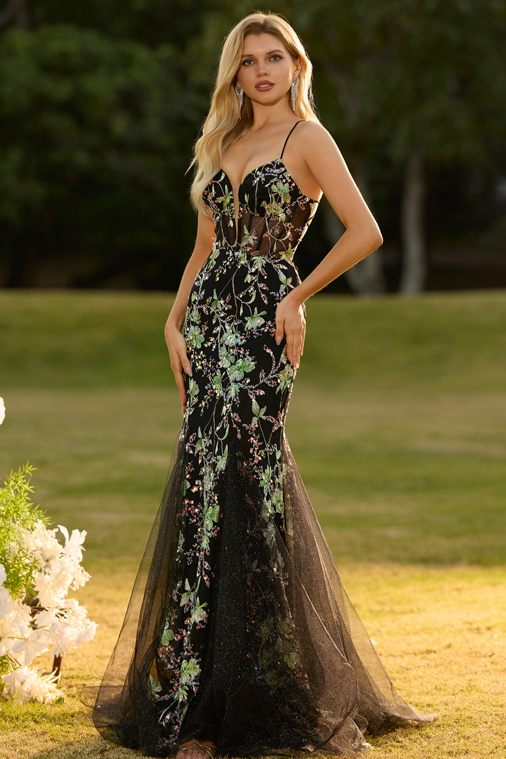 Yellow Floral Mermaid Corset Maxi Prom Dress - Image 16