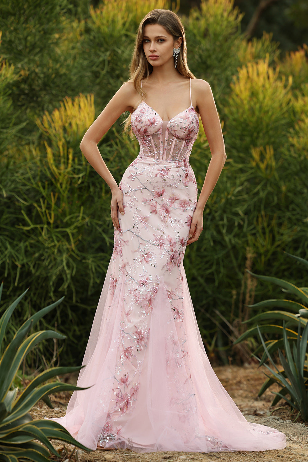 Yellow Floral Mermaid Corset Maxi Prom Dress - Image 5