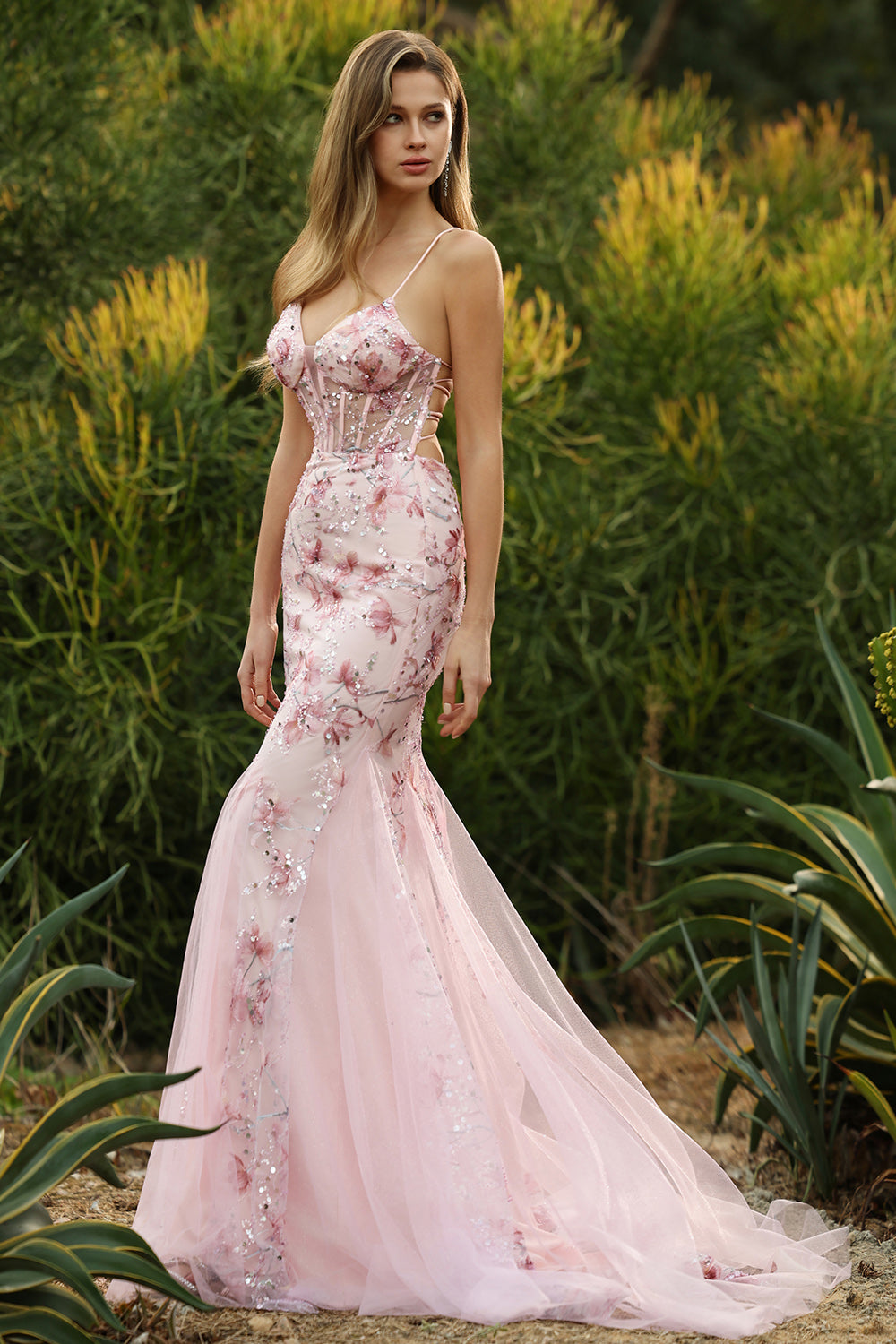 Yellow Floral Mermaid Corset Maxi Prom Dress - Image 9