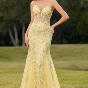 Yellow Floral Mermaid Corset Maxi Prom Dress