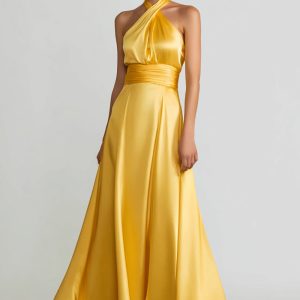 Yellow Halter Satin A-Line Maxi Evening Dress