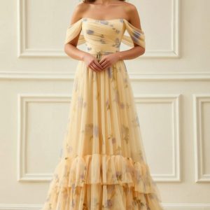 Yellow Flower A-Line Off The Shoulder Ruffled Prom Dress