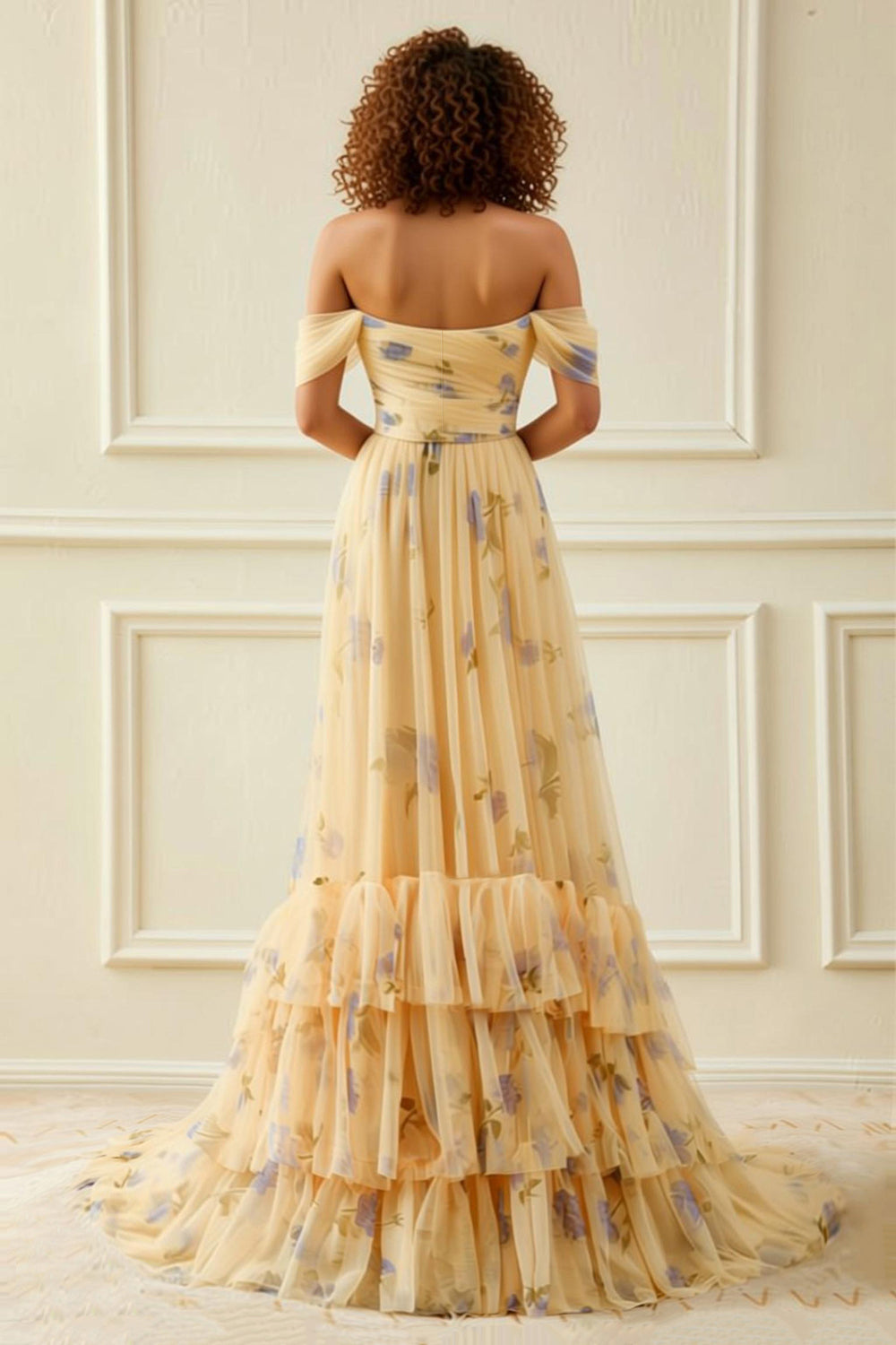 Yellow Flower A-Line Off The Shoulder Ruffled Prom Dress - Image 2