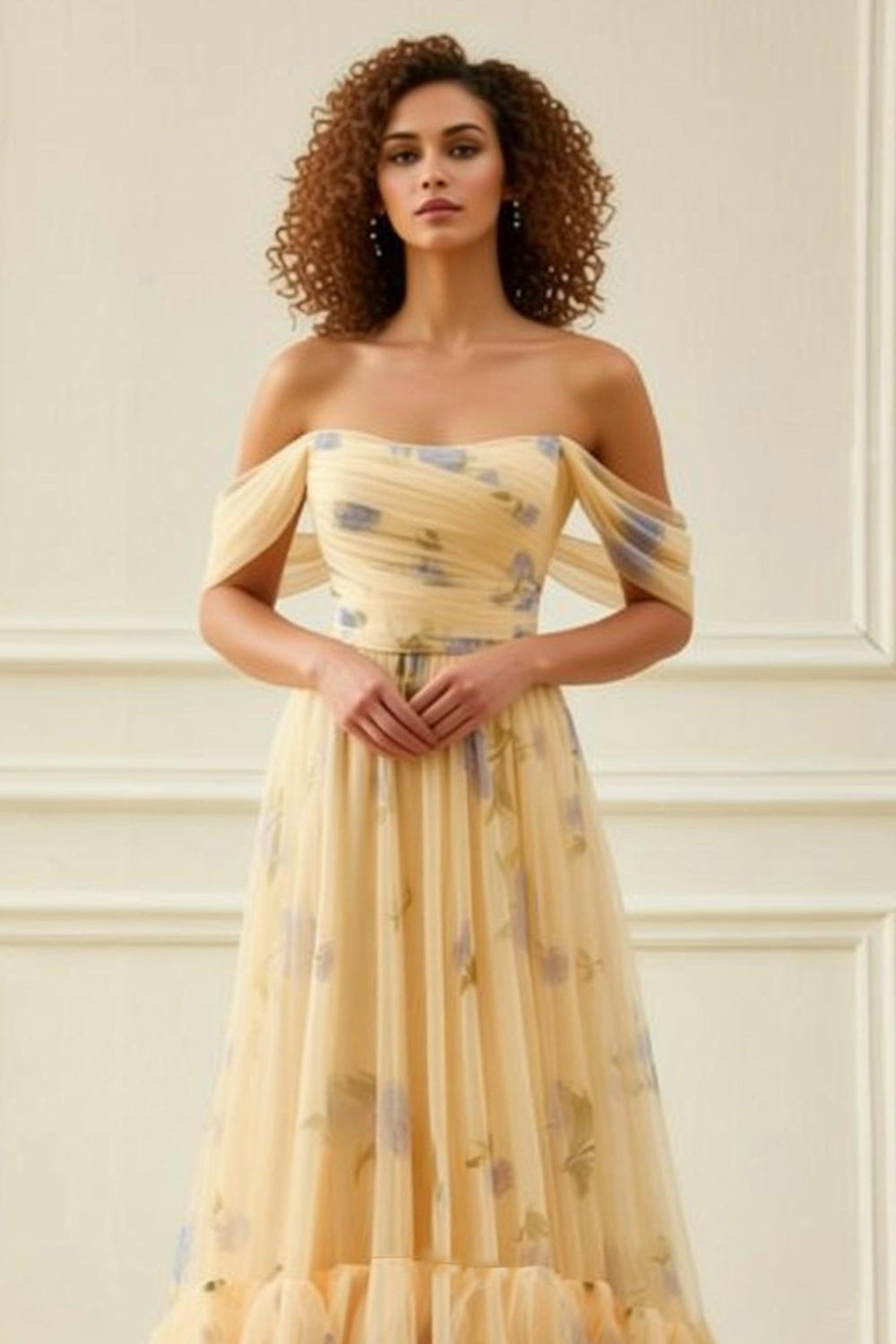 Yellow Flower A-Line Off The Shoulder Ruffled Prom Dress - Image 3