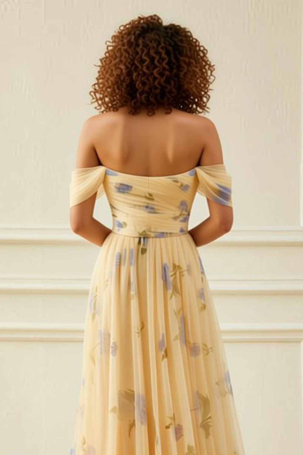 Yellow Flower A-Line Off The Shoulder Ruffled Prom Dress - Image 4