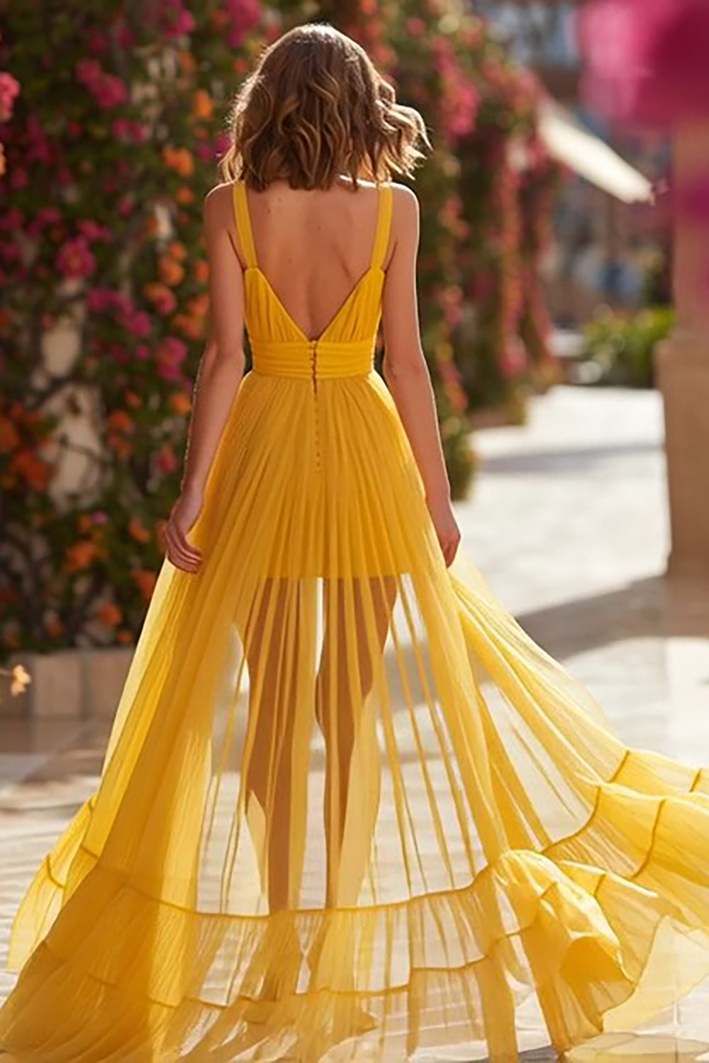 Yellow A-Line Ruched Spaghetti Straps Prom Dress With Slit - Image 2