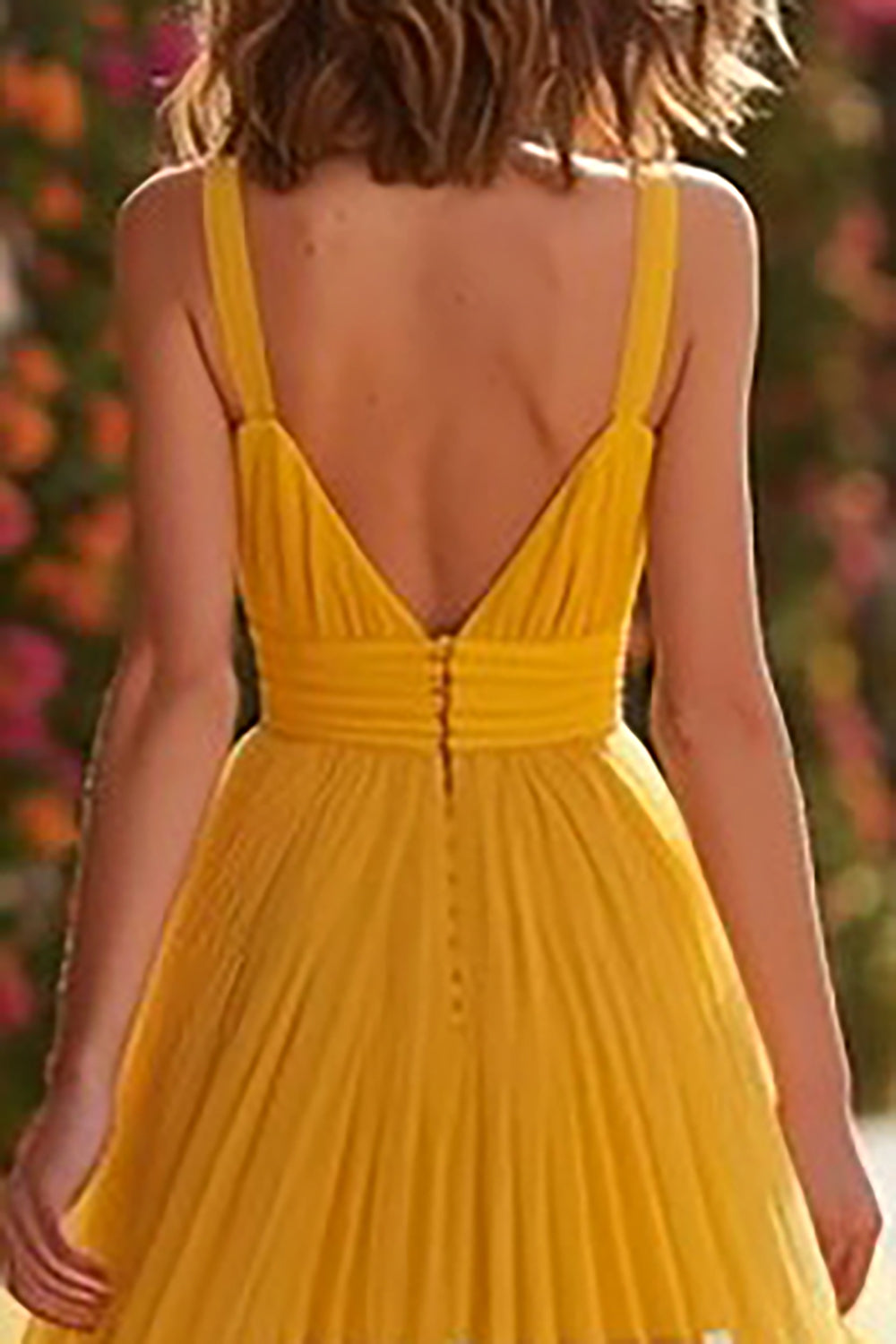 Yellow A-Line Ruched Spaghetti Straps Prom Dress With Slit - Image 4