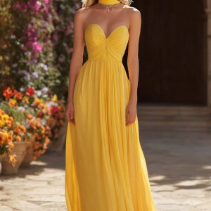 Yellow A-Line Sweetheart Ruched Prom Dress With Sash