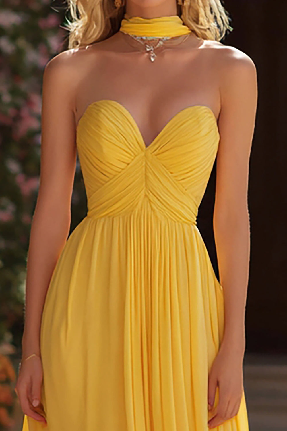 Yellow A-Line Sweetheart Ruched Prom Dress With Sash - Image 2