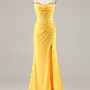 Yellow Mermaid Beaded Corset Prom Dress With Slit