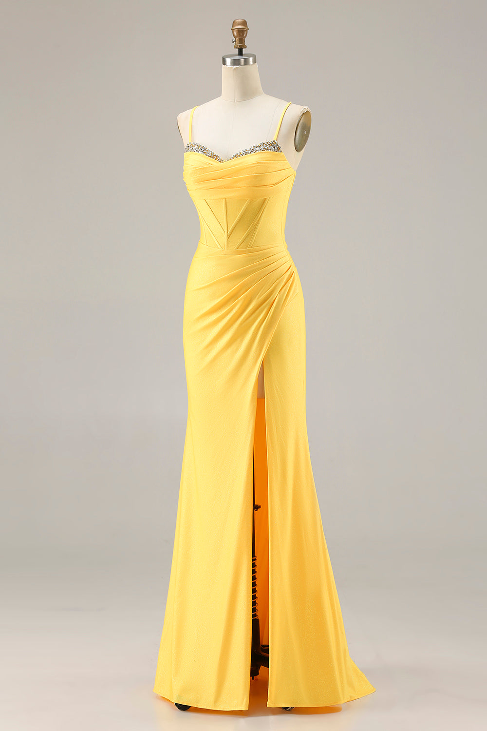 Yellow Mermaid Beaded Corset Prom Dress With Slit - Image 3