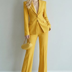 Yellow Peaked Lapel Single Buckle 2 Piece Slim Fit Women Suits