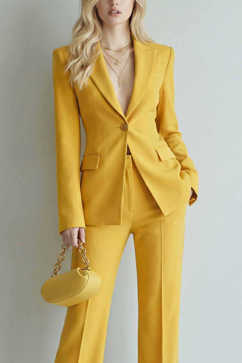 Yellow Peaked Lapel Single Buckle 2 Piece Slim Fit Women Suits - Image 3