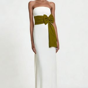 White Strapless Sheath Maxi Engagement Dress with Bow