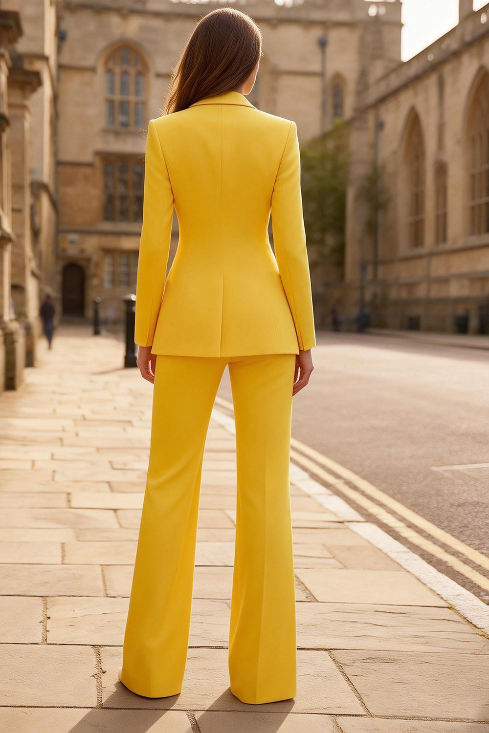 Yellow Peaked Lapel 2 Piece Slim Fit Women Suits - Image 2