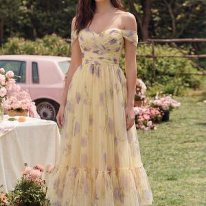 Yellow Floral Off the Shoulder A Line Wedding Guest Dress