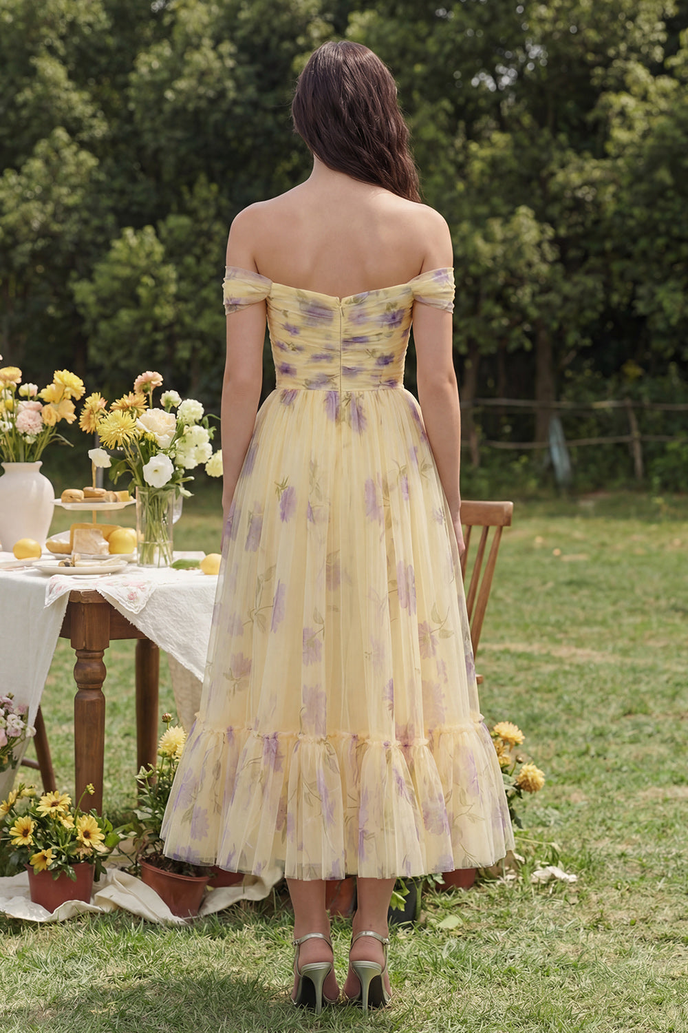 Yellow Floral Off the Shoulder A Line Wedding Guest Dress - Image 2