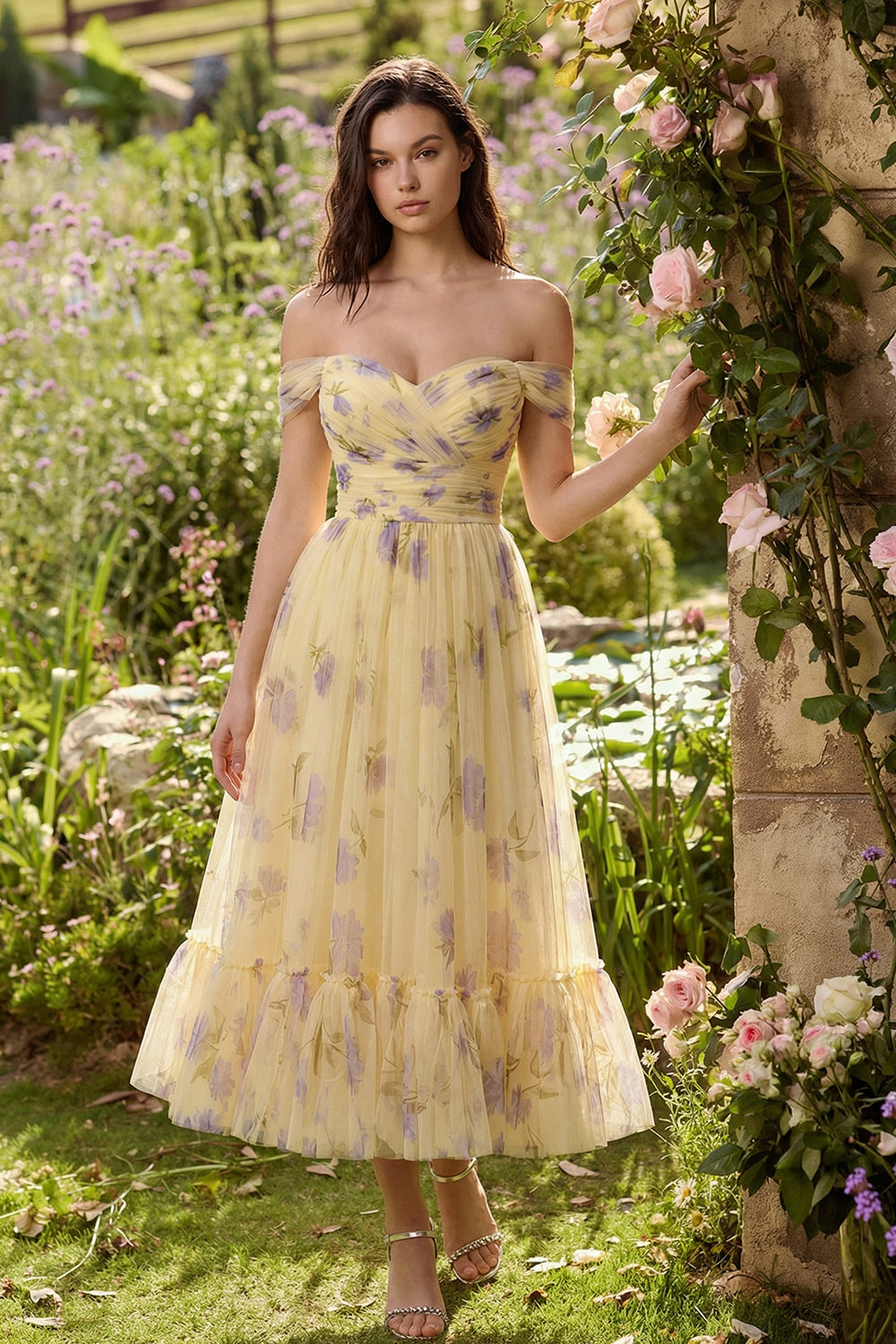 Yellow Floral Off the Shoulder A Line Wedding Guest Dress - Image 3