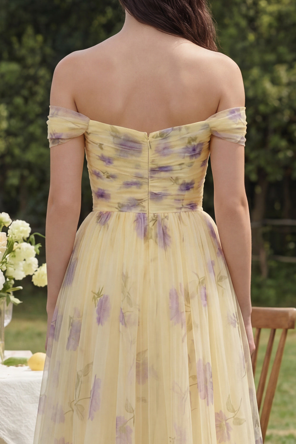 Yellow Floral Off the Shoulder A Line Wedding Guest Dress - Image 6