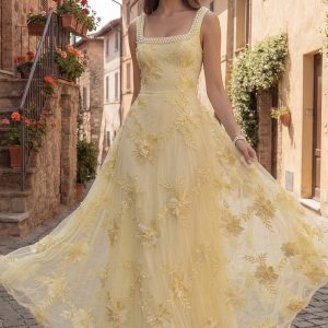 Yellow A Line Square Neck Prom Dress with Pearls