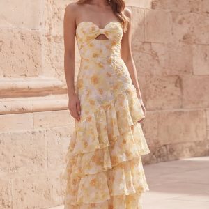 Yellow Floral Strapless Tiered Cut Out Prom Dress