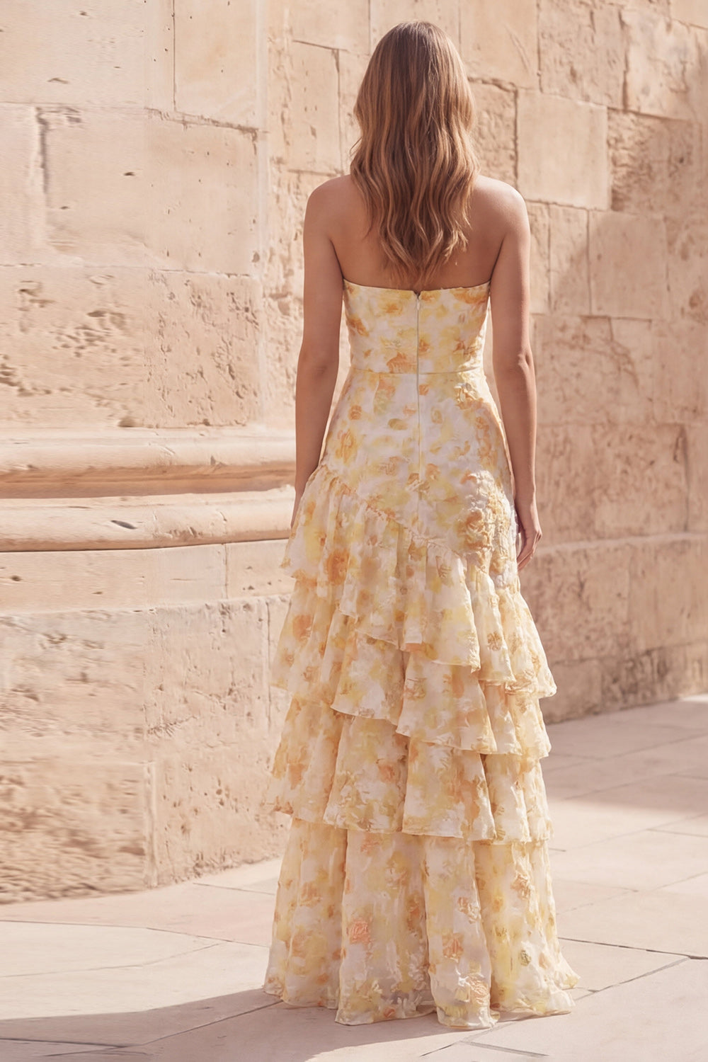 Yellow Floral Strapless Tiered Cut Out Prom Dress - Image 2