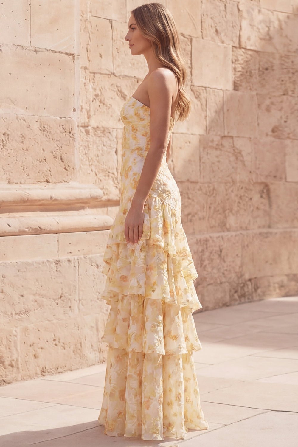 Yellow Floral Strapless Tiered Cut Out Prom Dress - Image 3