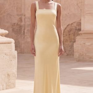 Yellow Satin Cut Out Sheath Prom Dress with Streamer
