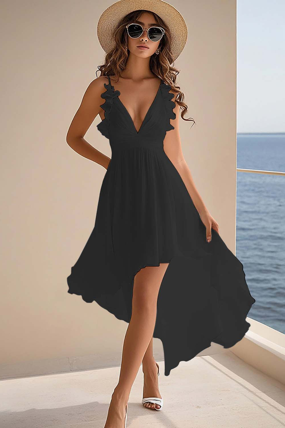Ruffled White V Neck Asymmetrical Holiday Party Dress - Image 3