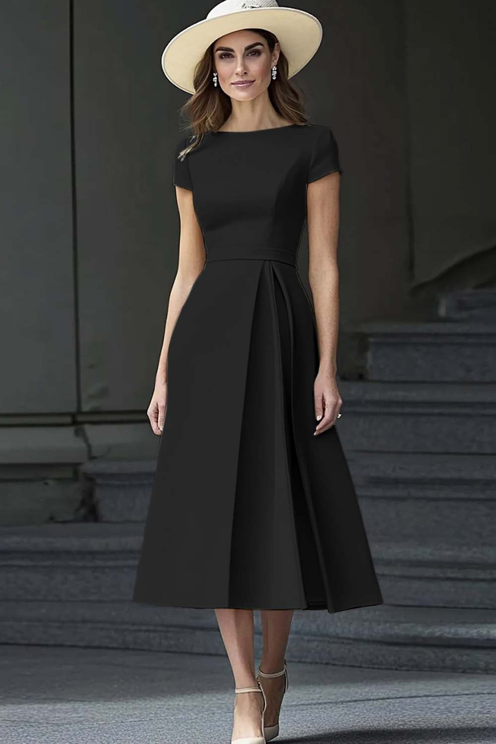 Yellow A Line Round Neck Midi Mother of the Bride Dress - Image 4