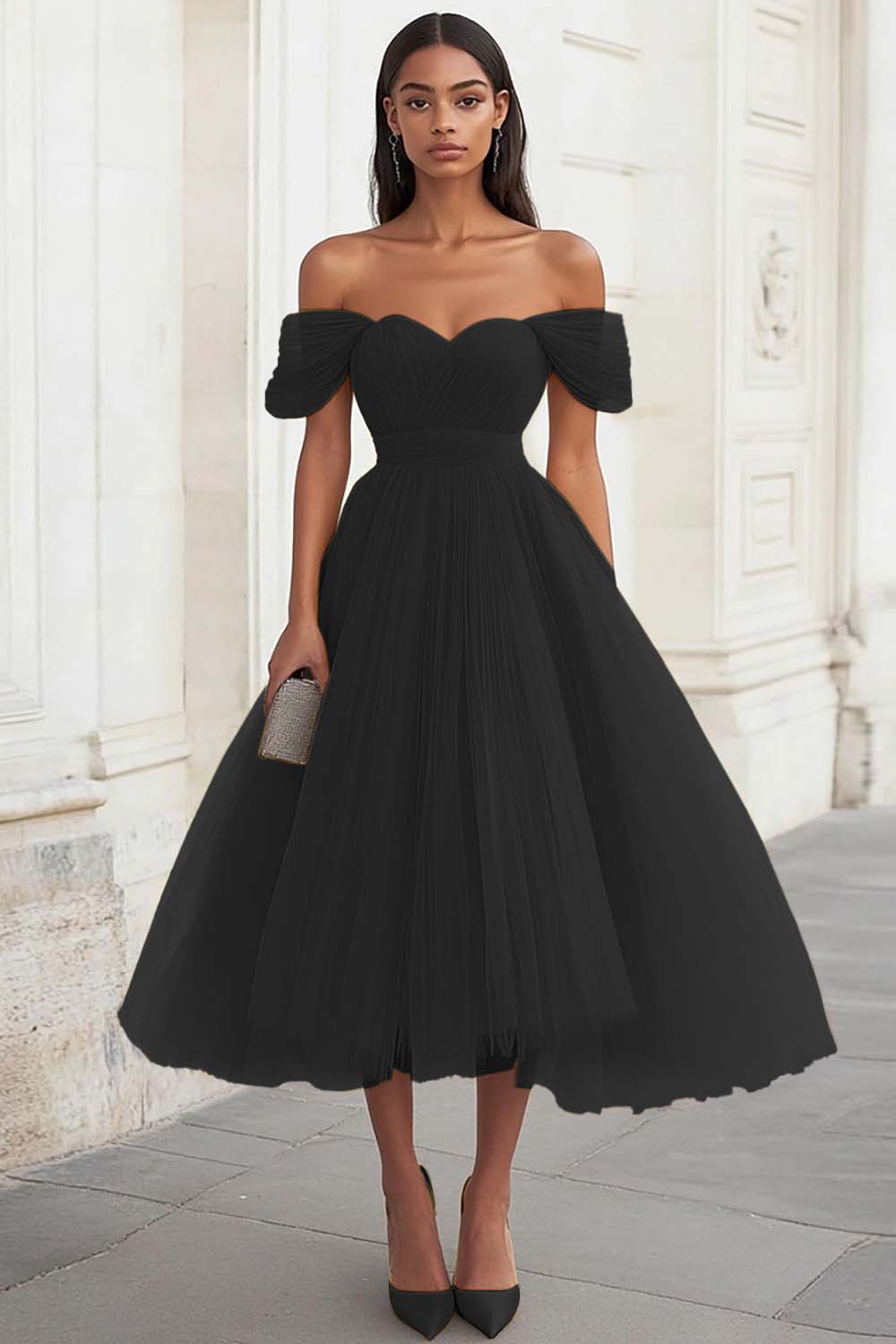 Yellow Off The Shoulder A Line Tulle Wedding Guest Dress - Image 4