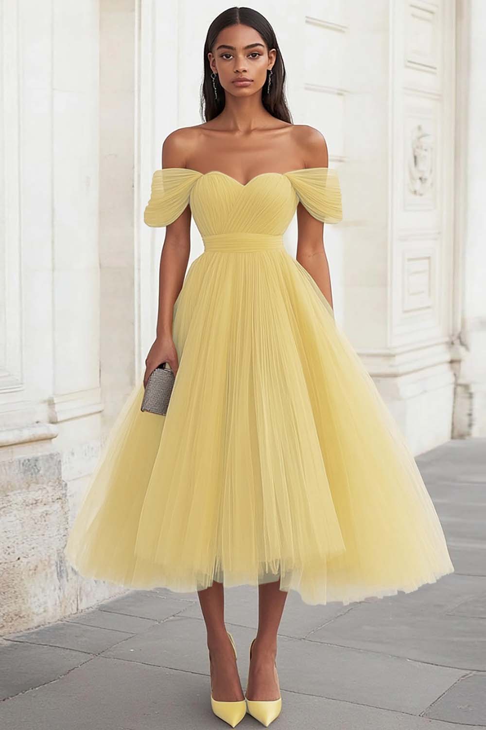 Yellow Off The Shoulder A Line Tulle Wedding Guest Dress - Image 5