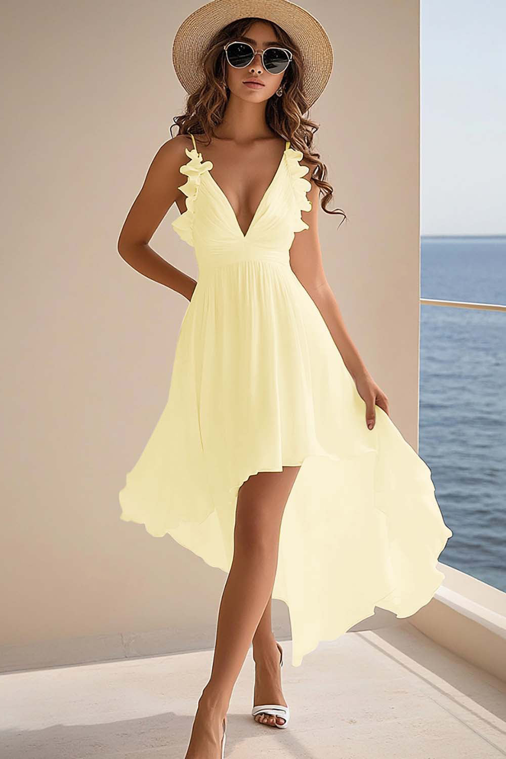 Ruffled White V Neck Asymmetrical Holiday Party Dress - Image 4