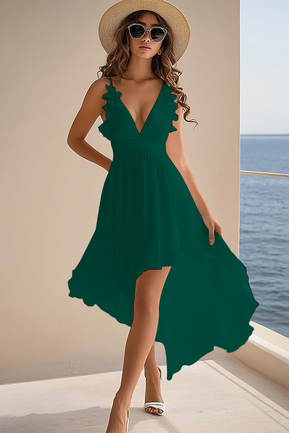 Ruffled White V Neck Asymmetrical Holiday Party Dress - Image 5