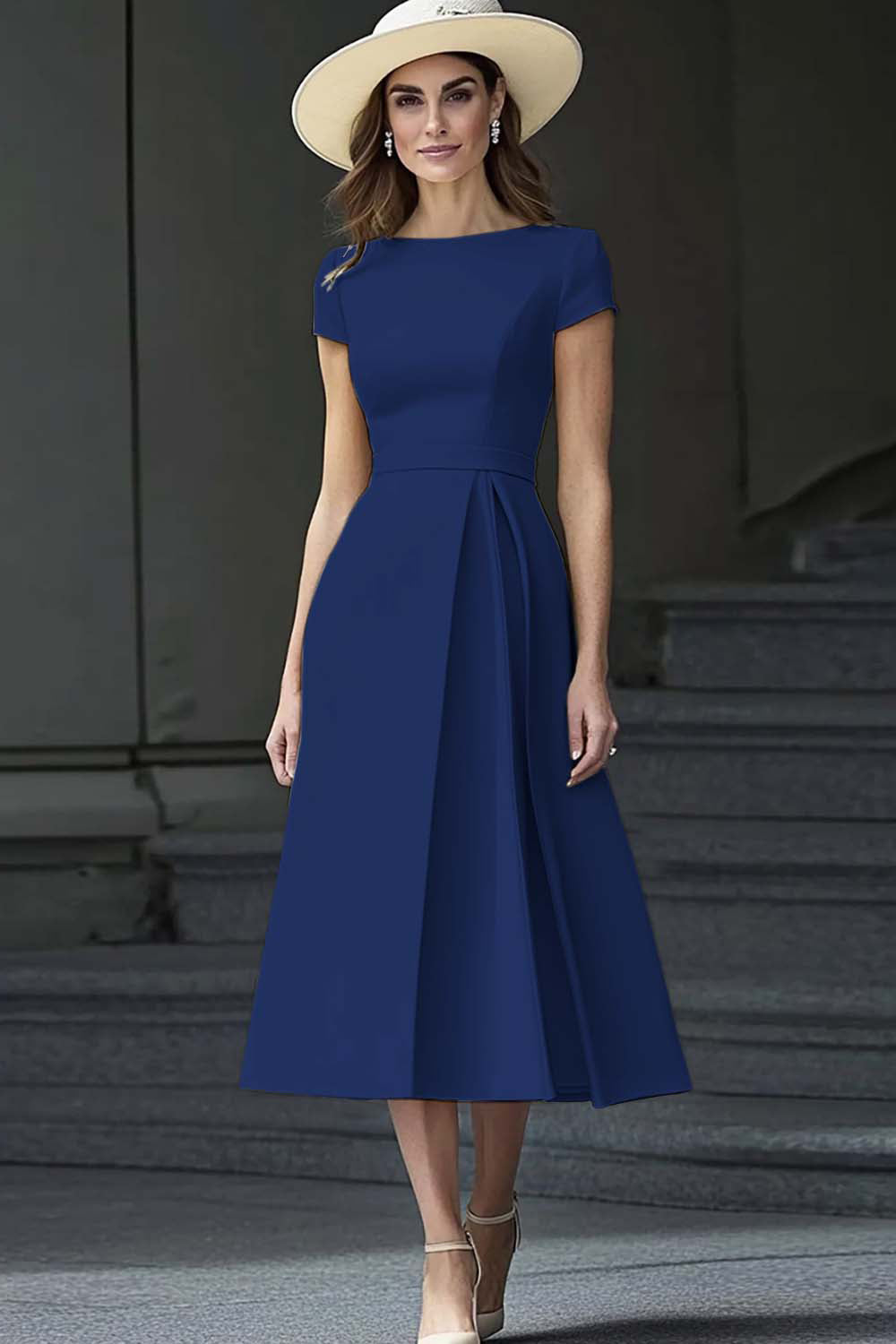 Yellow A Line Round Neck Midi Mother of the Bride Dress - Image 7