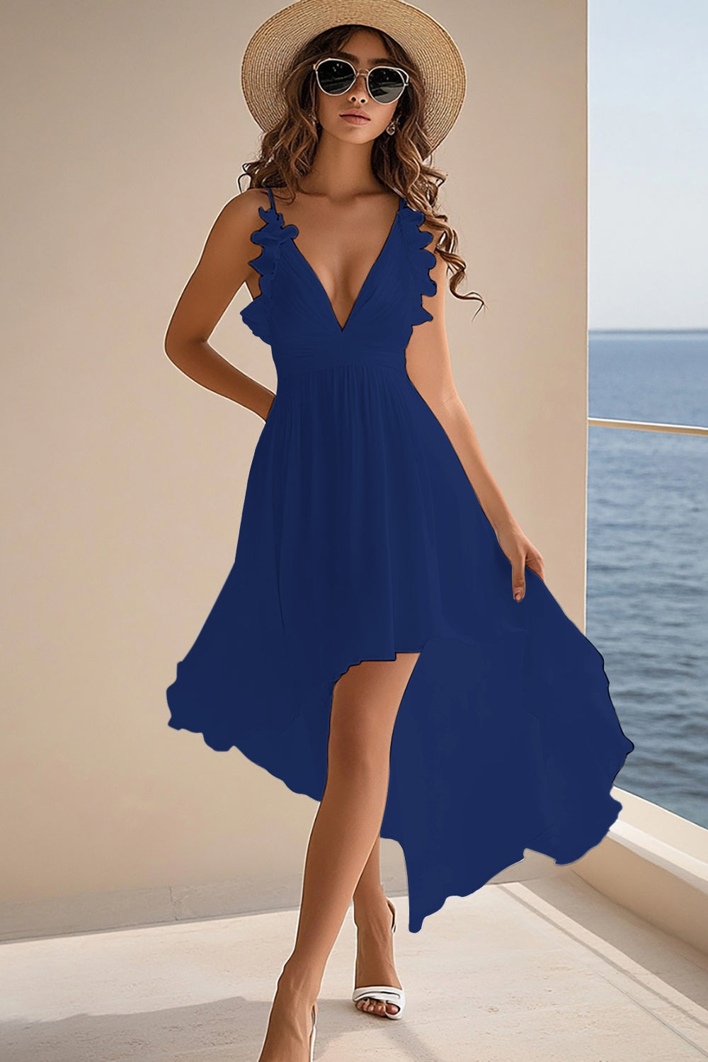 Ruffled White V Neck Asymmetrical Holiday Party Dress - Image 6