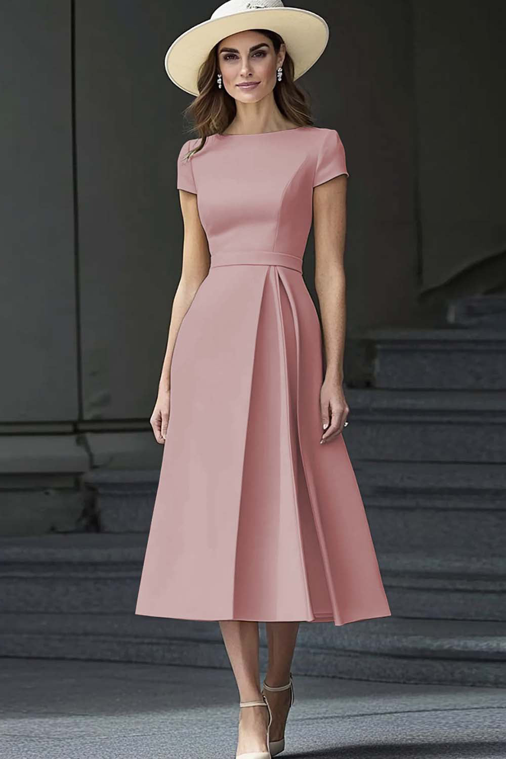 Yellow A Line Round Neck Midi Mother of the Bride Dress - Image 8