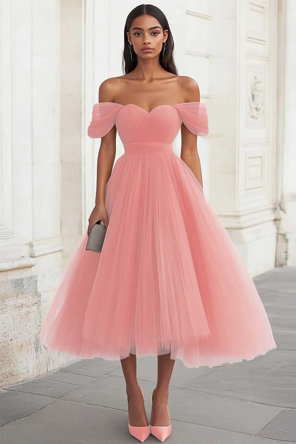 Yellow Off The Shoulder A Line Tulle Wedding Guest Dress - Image 8